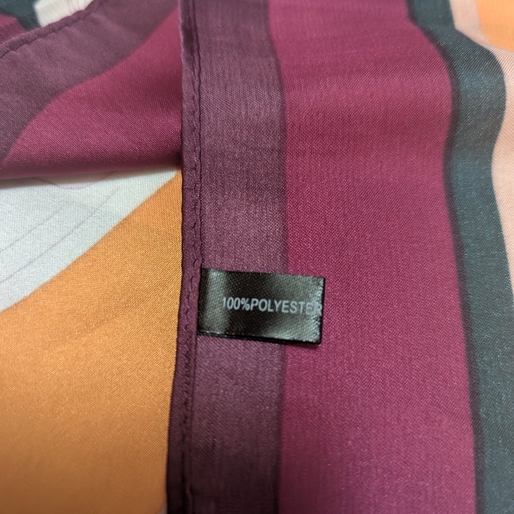 🧡 Floral Colorblocked Silky Scarf Square- Orange, Purple, Cream And Green - Picture 6 of 7